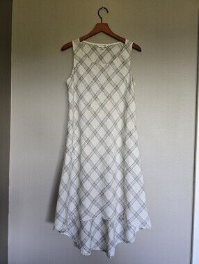 Kleen 100% Linen Sundress Medium Classic Cream Fenced Plaid Midi Tank Dress